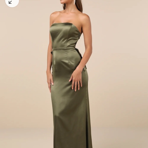 Lulus Absolutely Poised Olive Green Satin Strapless Bow Maxi Dress - Size L - Picture 5 of 5